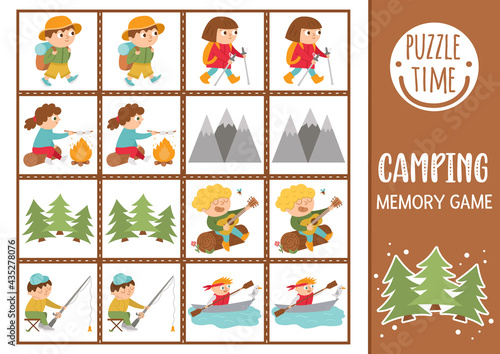 Vector summer camp memory game cards with cute hiking kids and nature. Camping matching activity. Remember and find correct card. Simple wildlife printable worksheet for kids. .