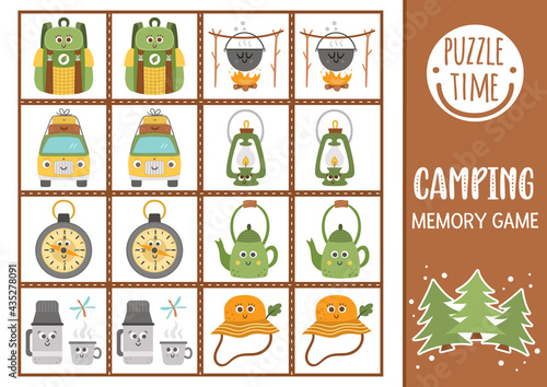 Vector summer camp memory game cards with cute smiling kawaii equipment. Camping matching activity. Remember and find correct card. Simple wildlife printable worksheet for kids. .