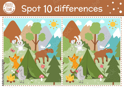Find differences game for children. Woodland educational activity with funny camping scene. Printable worksheet with cute animals in the wild. Summer nature puzzle for kids. Forest preschool sheet.
