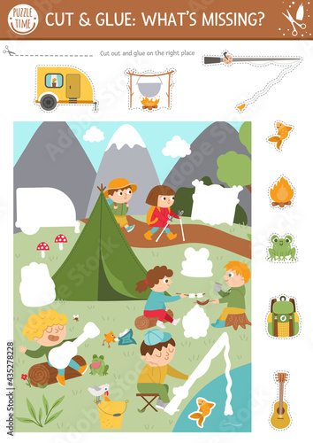 Vector camping cut and glue activity. Summer camp educational crafting game with cute scene with kids in the forest. Fun printable worksheet for children. What is missing page. Complete the picture.
