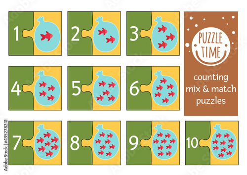 Vector mix and match puzzle with fish in plastic bag with water. Matching math activity for preschool children. Educational printable counting game for kids with cute animals.