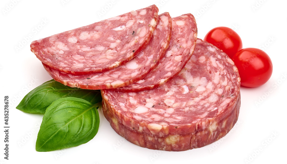 Salami smoked sausage, Traditional dry-cured Milano salami, isolated on white background. High resolution image