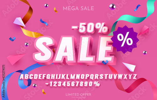 Sale -50 font set collection, letters and numbers symbol. Vector