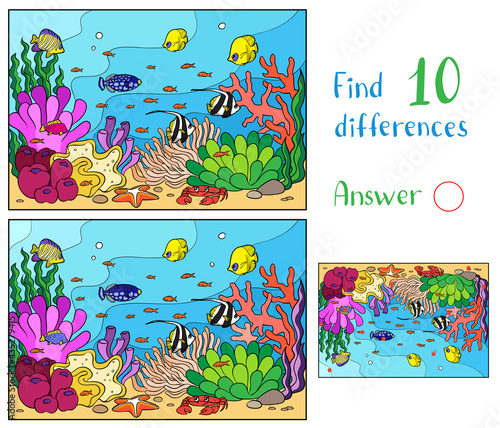 Find 10 differences. Educational game for children. Underwater life. Multi-colored fish swim against the background of corals. At the bottom lies a starfish and a crab.