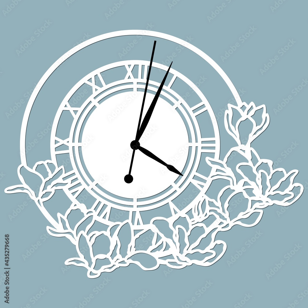 Simple clock face with roman numerals. Vector template for laser cut. Silhouette of dial ...