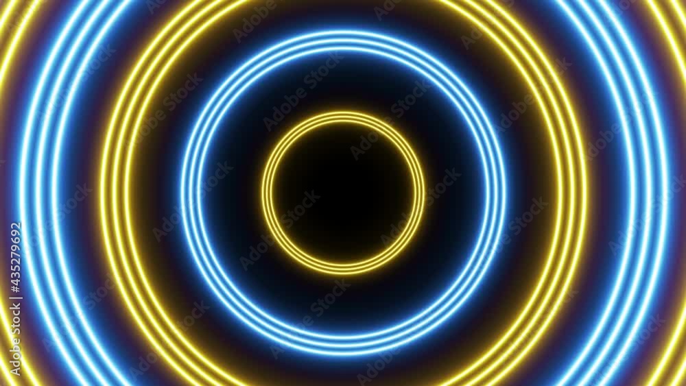 Yellow and Blue neon circles seamless loop animation on a dark background. Abstract seamless looped futuristic flight in tunnel motion graphic