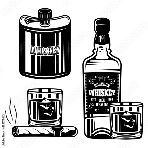 Whiskey set of vector black objects or design elements isolated on white background