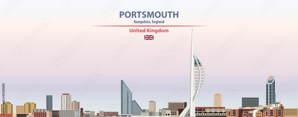 Portsmouth cityscape on sunset sky background vector illustration with country and city name and with flag of United Kingdom
