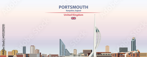 Portsmouth cityscape on sunset sky background vector illustration with country and city name and with flag of United Kingdom