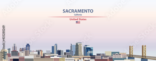 Sacramento cityscape on sunset sky background vector illustration with country and city name and with flag of United States