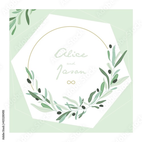 Illustration, design for invitation card with olive leaves for wedding stationary, marriage, events, celebrations. Fresh Italian atmosphere and soft, natural colors. Frame of leaves with hexagon.