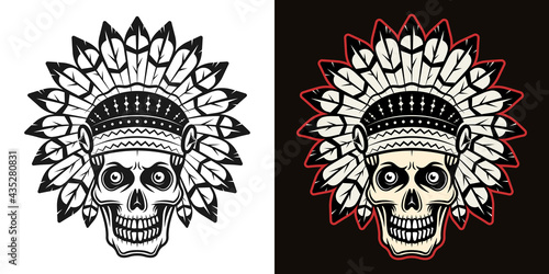 Skull in indian headdress vector illustration in two styles black on white and colorful on dark background