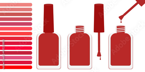 Palette with shades of red. And three bottles of red lacquer open and closed