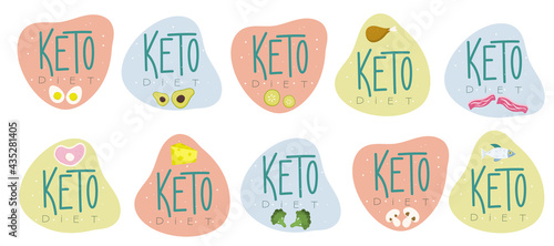 An emblem keto diet. The keto logo is friendly with food. Mushrooms, fish, meat, broccoli, lettering. Vector illustration of proper nutrition for weight loss and health.