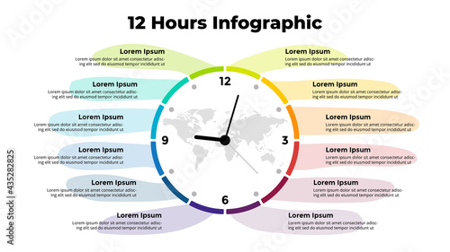 Vector time infographic. Clock circle diagram. Presentation slide template. 12 hours option.