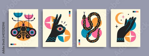 Abstract poster collection with hands, animals and abstract elements and shapes. Set of contemporary print templates. Vector illustration © stonepic