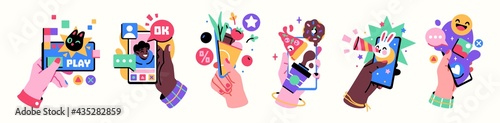 Hands holding smartphones with various applications, web sites and social networks. Communication, social networking concept. Vector Illustration