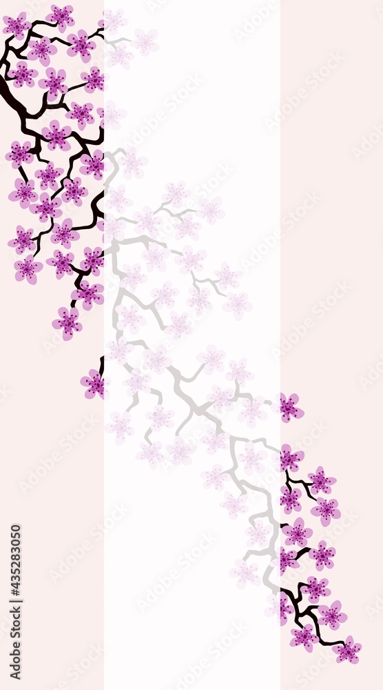 Obraz premium Vertical Floral greeting card with beautiful pink blossom flowers branch Sakura. Peach colors Background with copy space on Cherry Twig In Bloom.Postcard good for wedding invitation, Mother,Women day