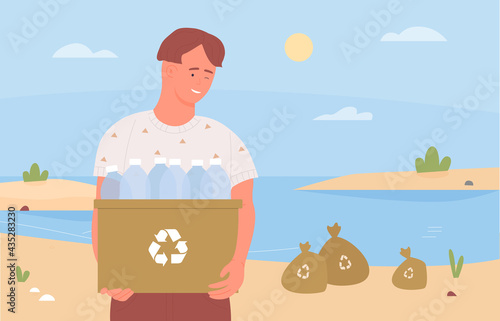 Happy teen volunteer cleaning beach, collecting recycling rubbish waste vector illustration. Cartoon young man character holding box to clean sea beach environment from recyclable garbage background