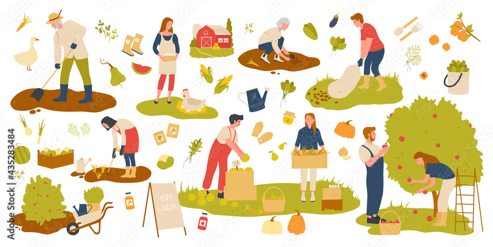 Farmer people work in farm garden vector illustration set. Cartoon man woman gardener characters working on agriculture local production of harvest fruits and vegetables, farming isolated on white