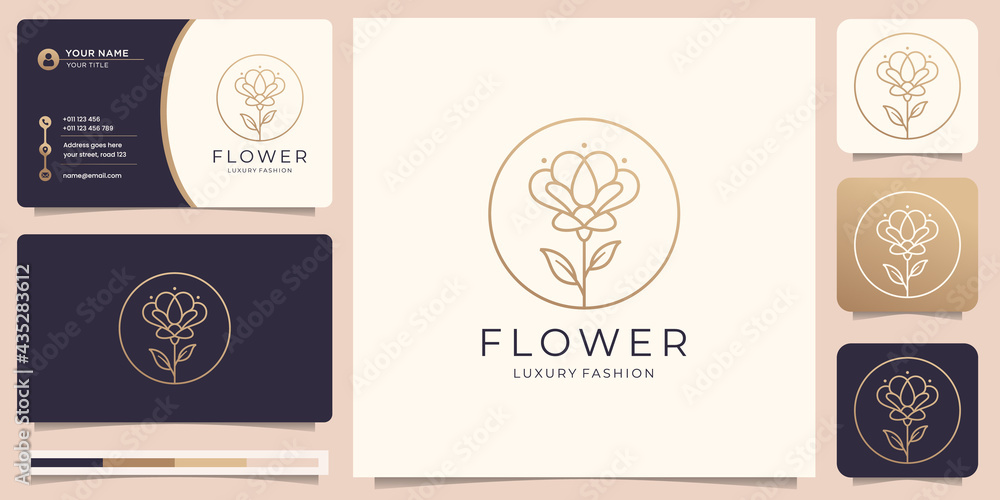 Minimalist flower logo with frame shape templates and business card design. Premium Vector