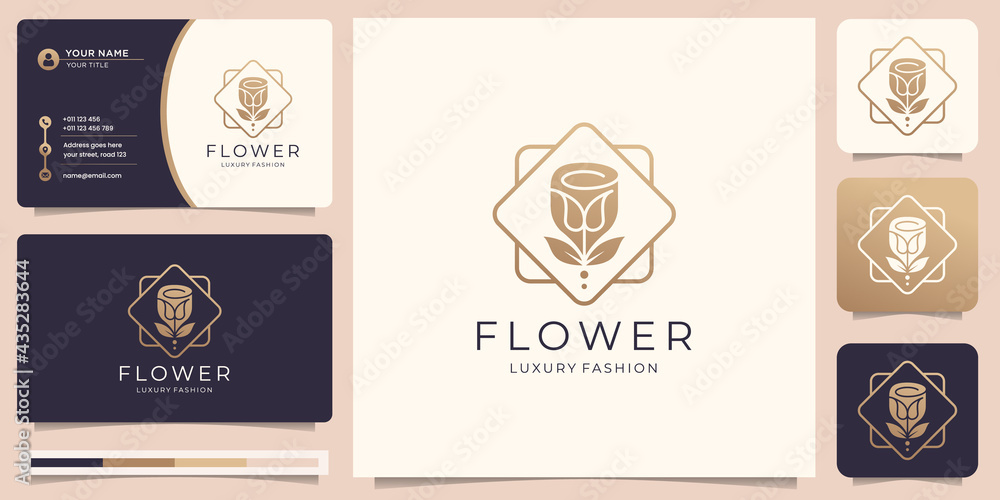 Feminine beauty flower. logo for salon and spa, line art frame shape logo. golden logo design, icon and business card template. premium vector