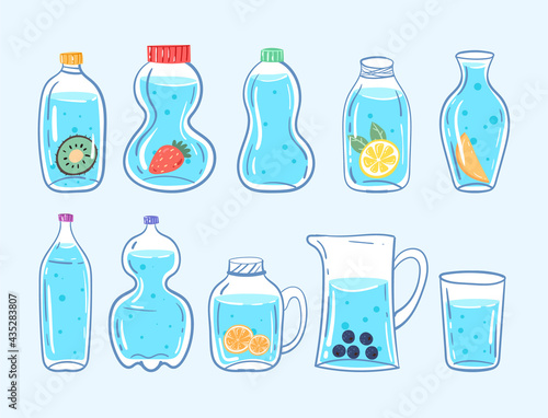 Set of healthy blue clean different bottle of water with lemon and berry isolated on white background and hand drawn doodle style