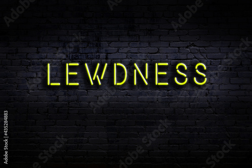 Night view of neon sign on brick wall with inscription lewdness photo