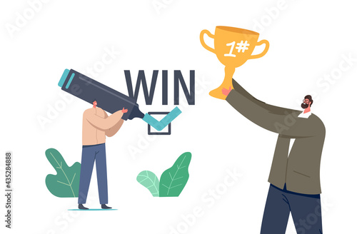 Business Win Win Solution for Benefit. Happy Businessman Rejoice with Golden Cup in Hand, Man Signing Win Win Contract