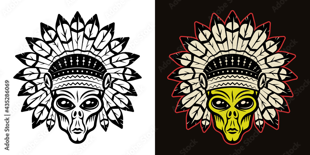 Alien head in indian headdress vector illustration in two styles black on white and colorful on dark background