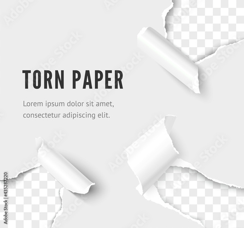 Ripped paper set. Holes corner of white paper sheet. Realistic vector rip paper effect