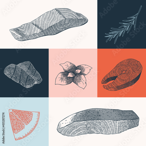 Poster with seafood and salmon fish illustration, realistic ink hand drawn art, modern print for seafood restaurant
