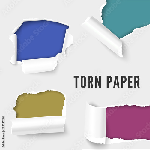 Ripped paper set. Set of holes in torn paper. Realistic vector illustration of white paper