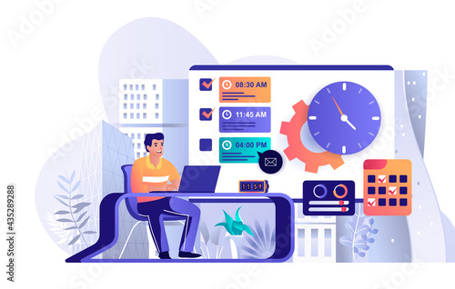 Time management concept in flat design. Planning and organizing workflow scene template. Man works at laptop, completes work tasks on deadline. Vector illustration of people characters activities