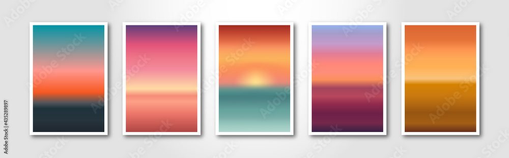 Obraz premium Blurred smooth modern gradient background cards. Set of solar, sunset maps and sunrise sea.