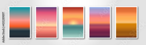 Blurred smooth modern gradient background cards. Set of solar, sunset maps and sunrise sea.