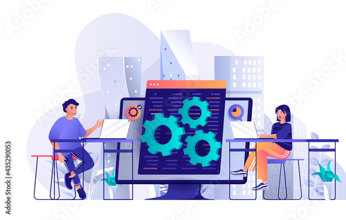 Developers team concept in flat design. Colleagues work together at project scene template. Man and woman develop, setting, testing, tech support. Vector illustration of people characters activities