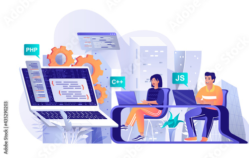 Programming software concept in flat design. Developers working on project scene template. Programmers working on laptops, coding code, developing. Vector illustration of people characters activities