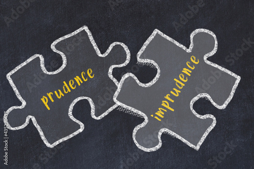 Ploblem solving. Chalk sketch of two puzzles with words prudence and imprudence