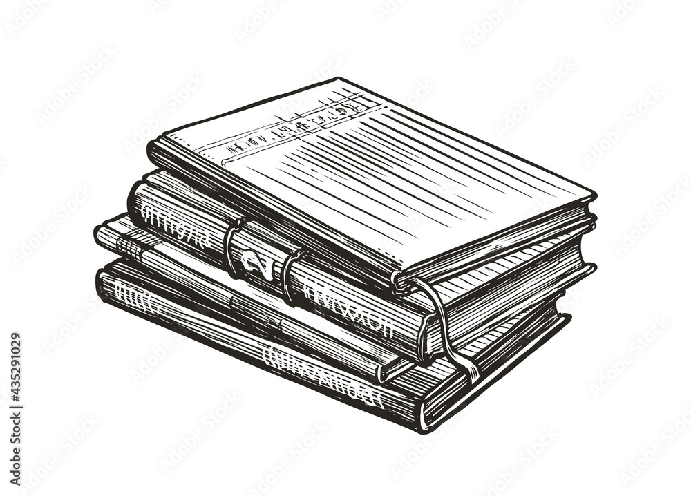 Stack of books isolated on white. Hand drawn sketch vector illustration Stack of books isolated on white. Hand drawn sketch vector illustration