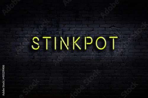 Night view of neon sign on brick wall with inscription stinkpot photo