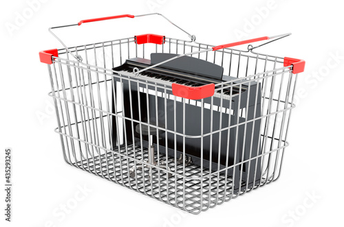 Shopping basket with digital piano, 3D rendering