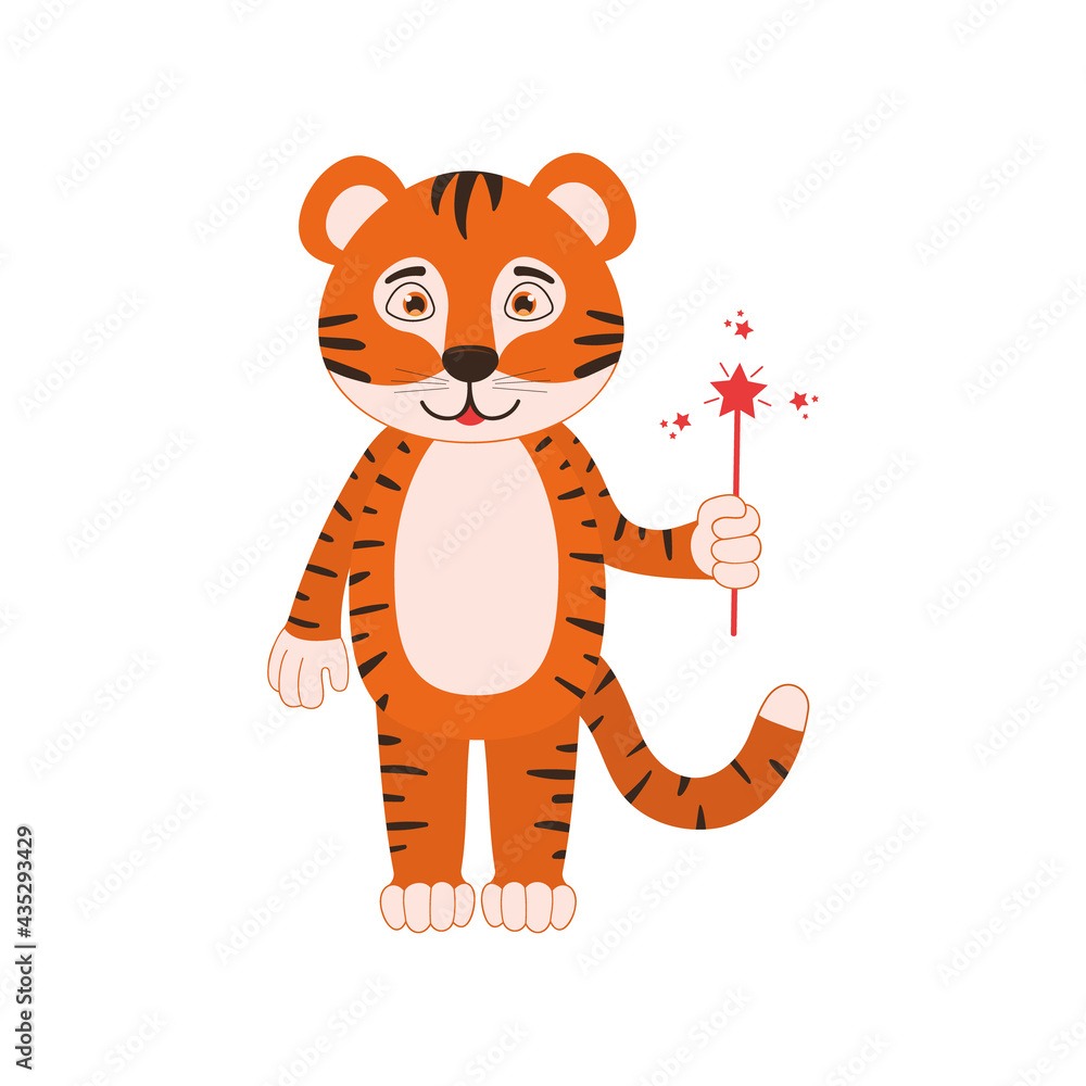 Cute tiger cub with magic wand. Funny animal character for kids isolated on white background. Vector flat illustration. Cute tiger cub with magic wand. Funny animal character for kids isolated on white background. Vector flat illustration.