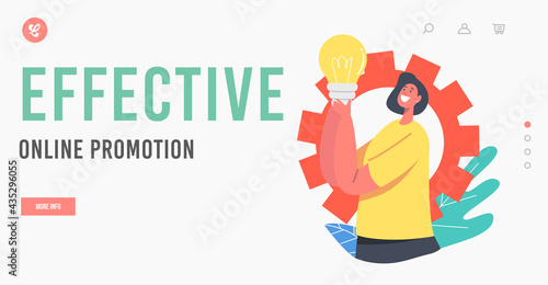 Effective Online Promotion Landing Page Template. Woman Promoter Holding Huge Light Bulb, Advertising, Public Relations