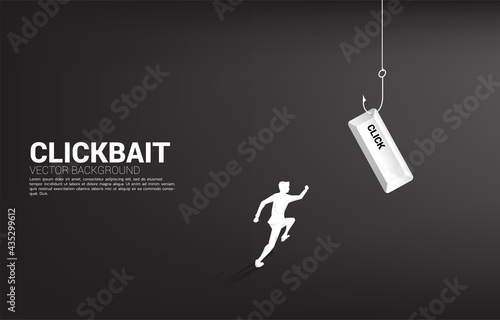 Silhouette of businessman running to fishing hook with click button. Concept of click bait and digital phishing.