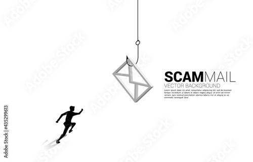 Silhouette of running to fishing hook with email icon. Concept of scam mail and phishing.