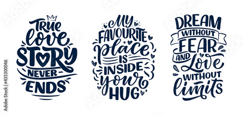 Set with slogans about love in calligraphy style. Vector abstract lettering compositions. Trendy graphic design for print. Motivation posters. Quotes for Valentine's Day.