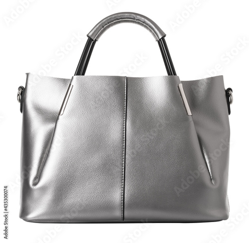 Silver bag for women made of genuine smooth leather with two metal handles. On a white background