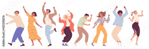 Group of young happy dancing people, dancing characters. Dance party, disco photo