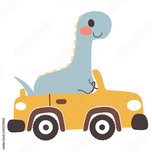Cute happy diplodocus dinosaur riding yellow convertible car